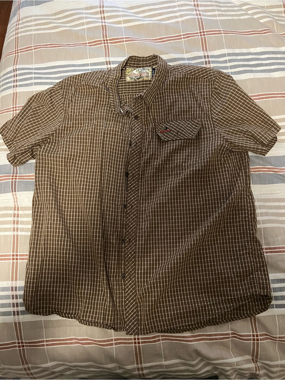 Mossy Oak Men's Size XL Short Slv Button Up Shirt Green Check Fishing Camping